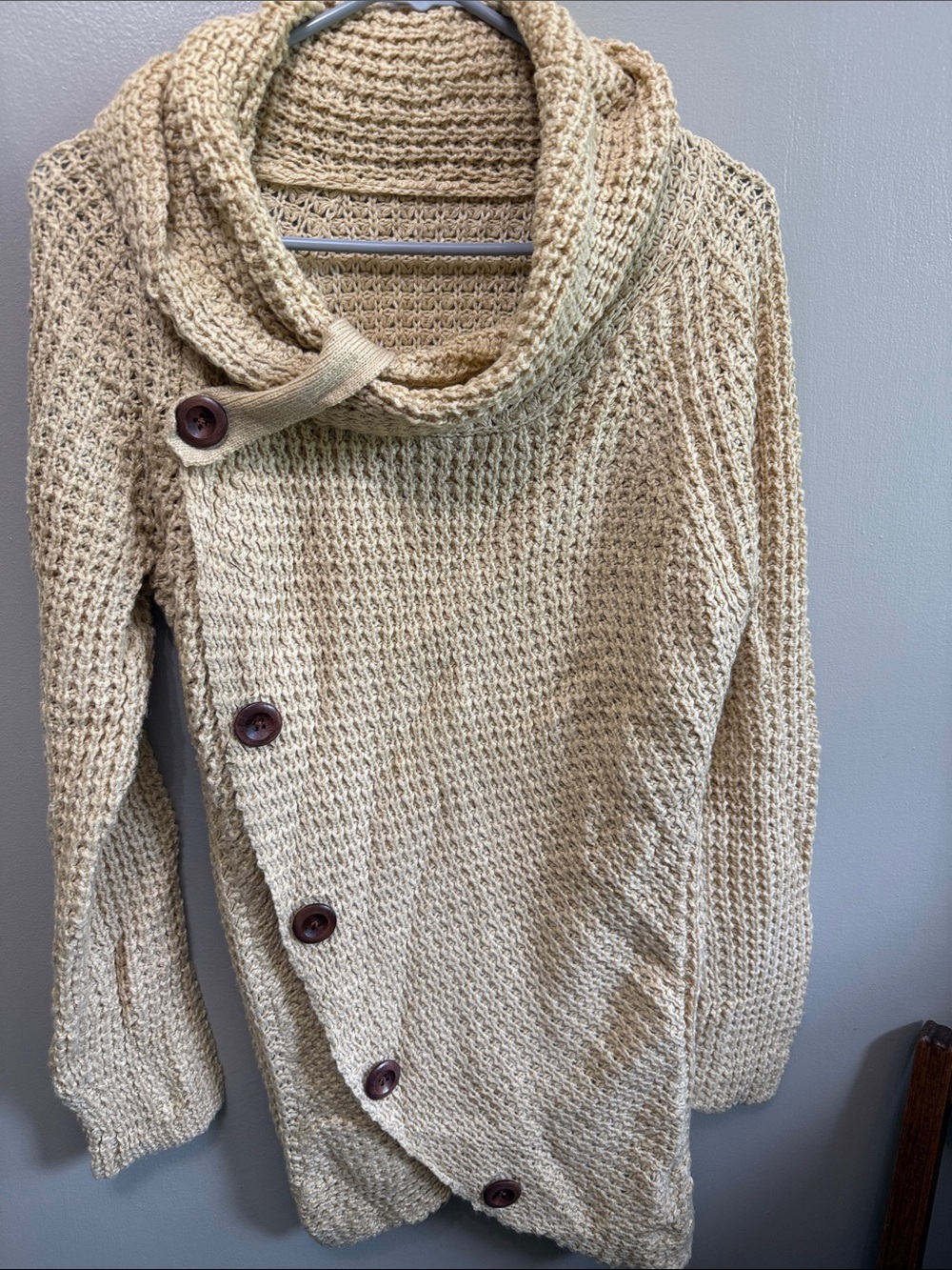 Women's Cream Knit Button-Front Sweater with Shawl Collar